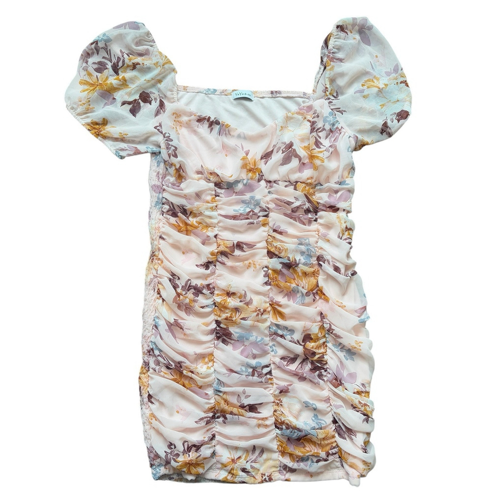YaYa & Co Womens Fitted Shirred Floral Puff Sleeves Chiffon Romantic Sz. L - Picture 8 of 8